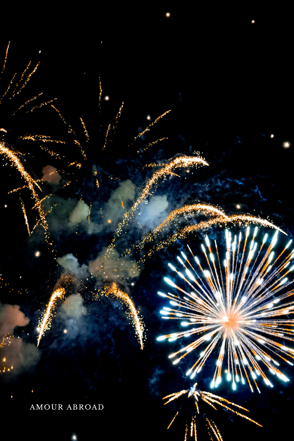 Fireworks bring insight and resolution as the new year rolls in. Will this be the one where you choose your happiness? Blue and golden sparkles filling the night sky. Amour Abroad.
