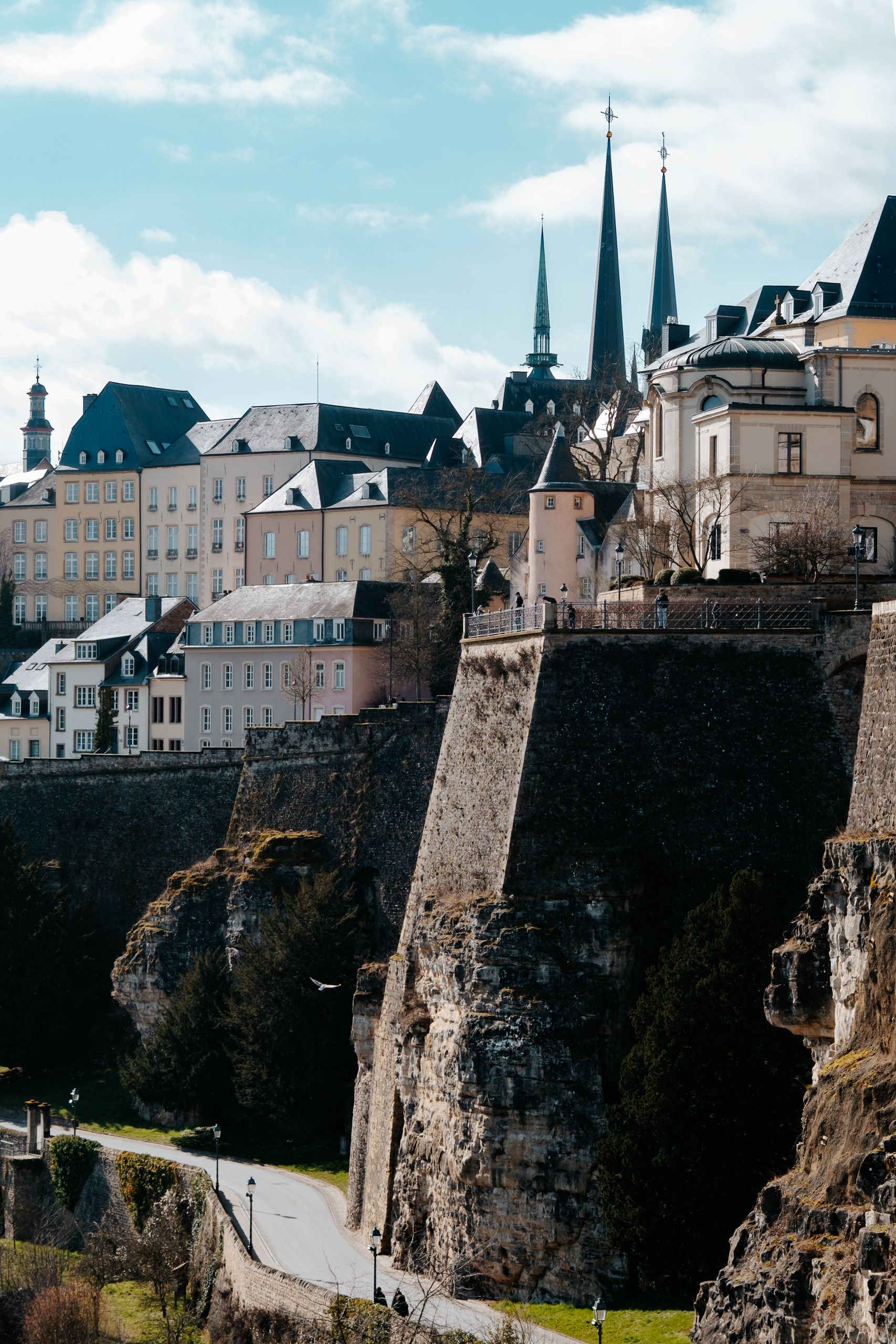 A scenic view of Luxembourg City's skyline and historic fortifications.