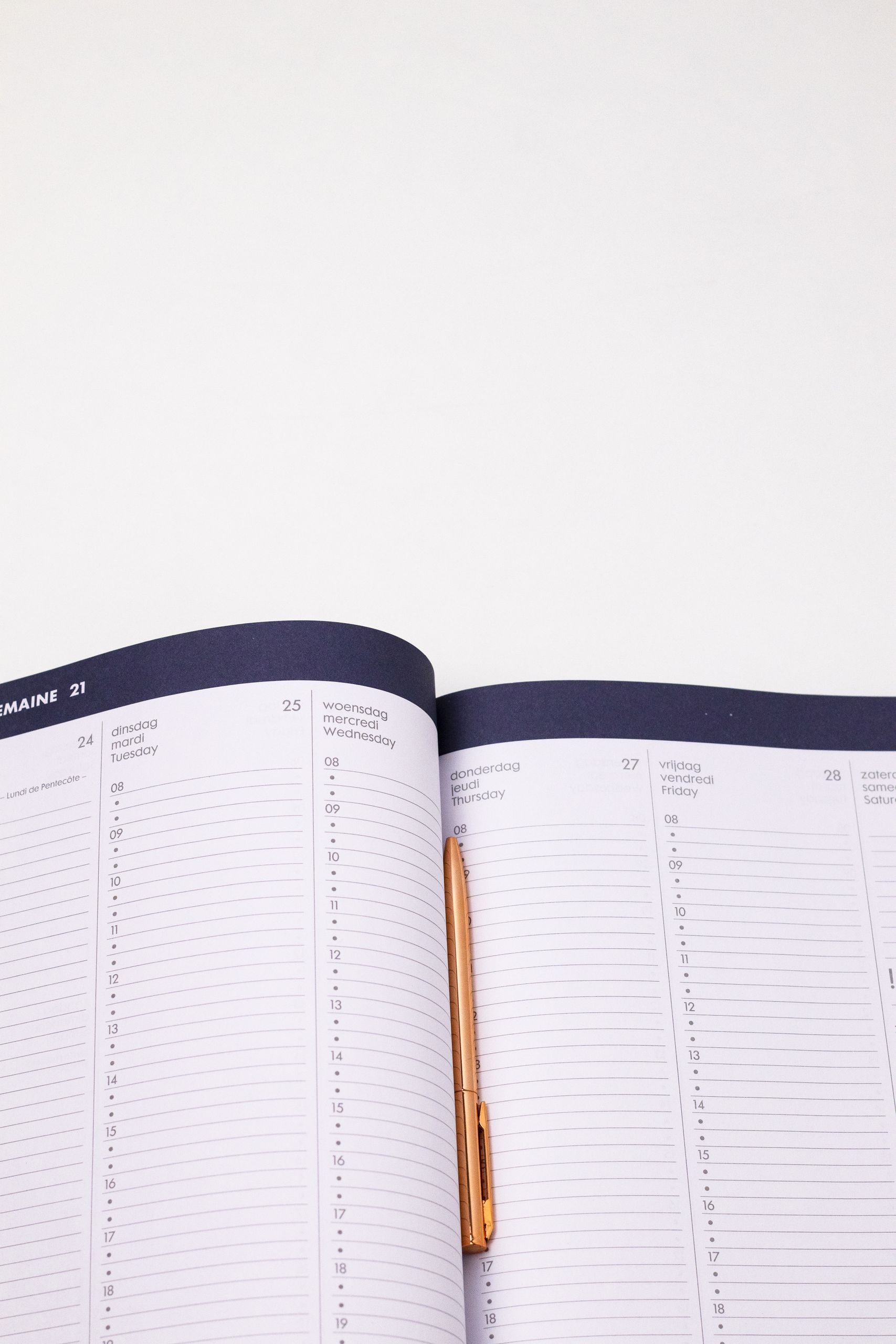 Open planner displaying a weekly schedule with a golden pen on a white background.