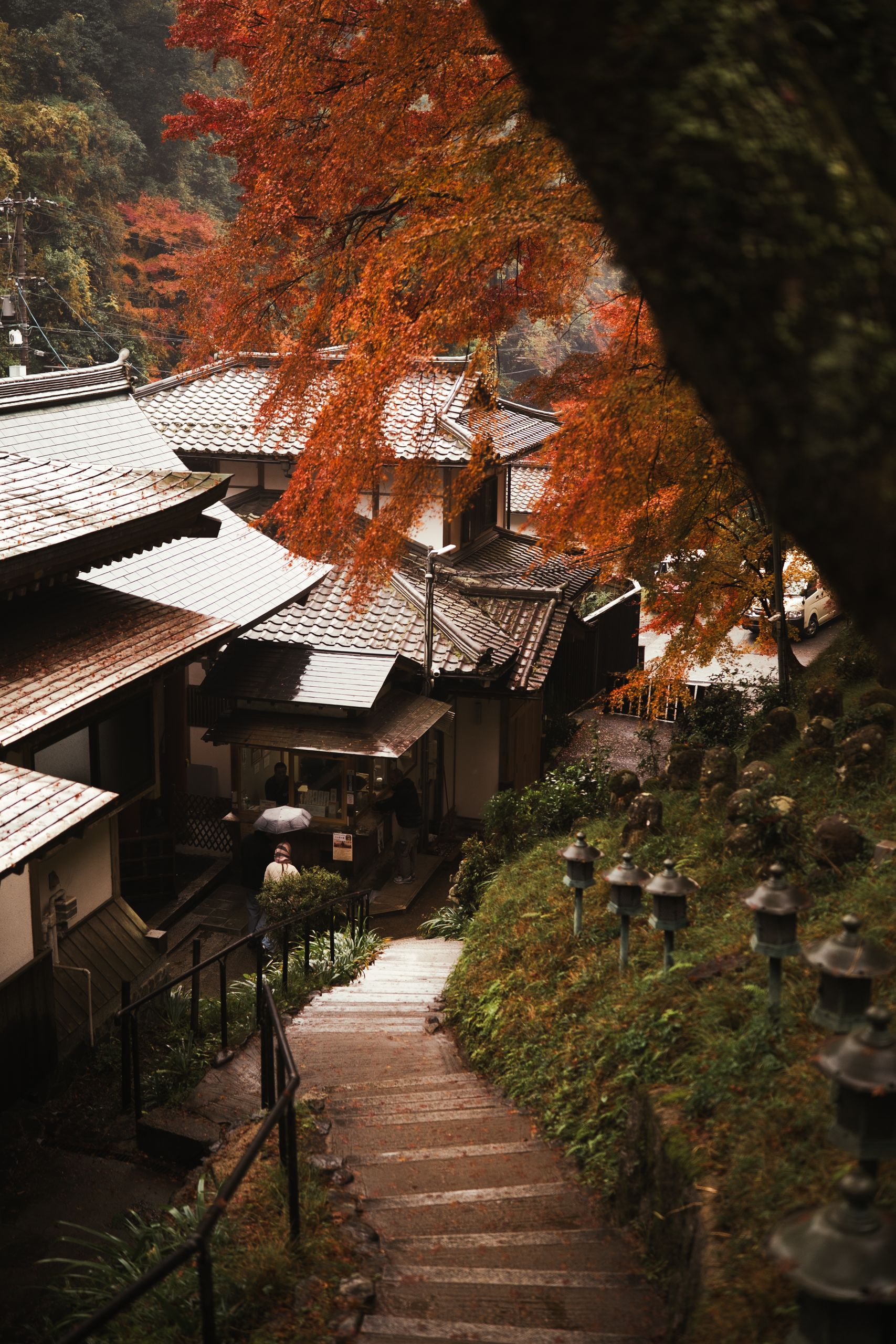 Picturesque autumn scene in Kyoto's historic district, featuring traditional Japanese architecture and vibrant fall foliage.