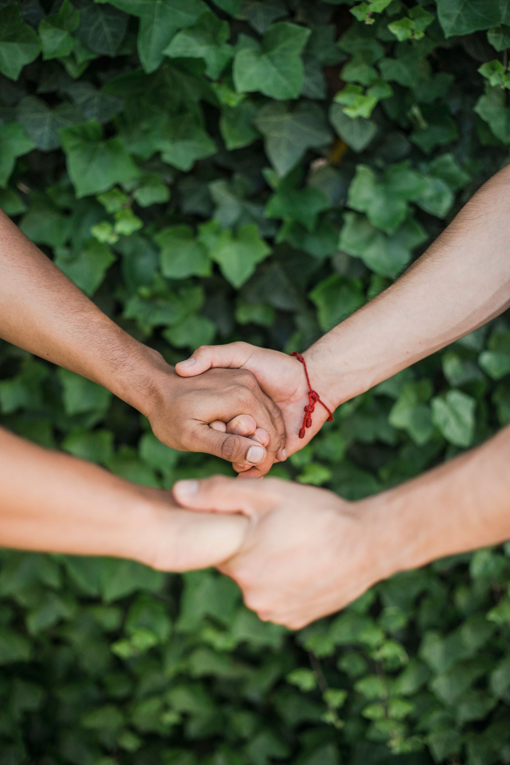 Two adults holding hands against a lush green ivy background, symbolizing unity.