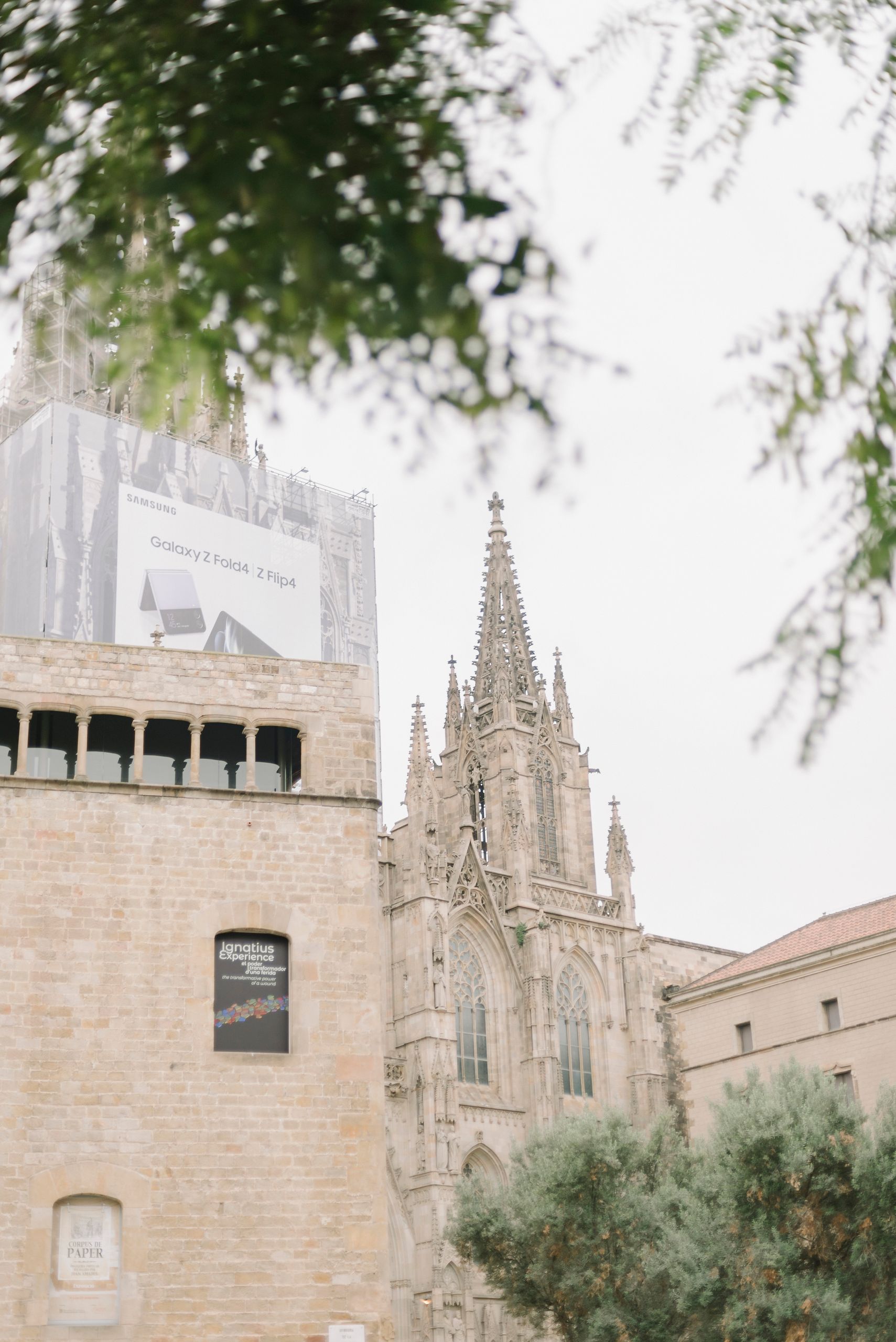 Explore the stunning Gothic architecture of the Barcelona Cathedral amidst urban Barcelona.
